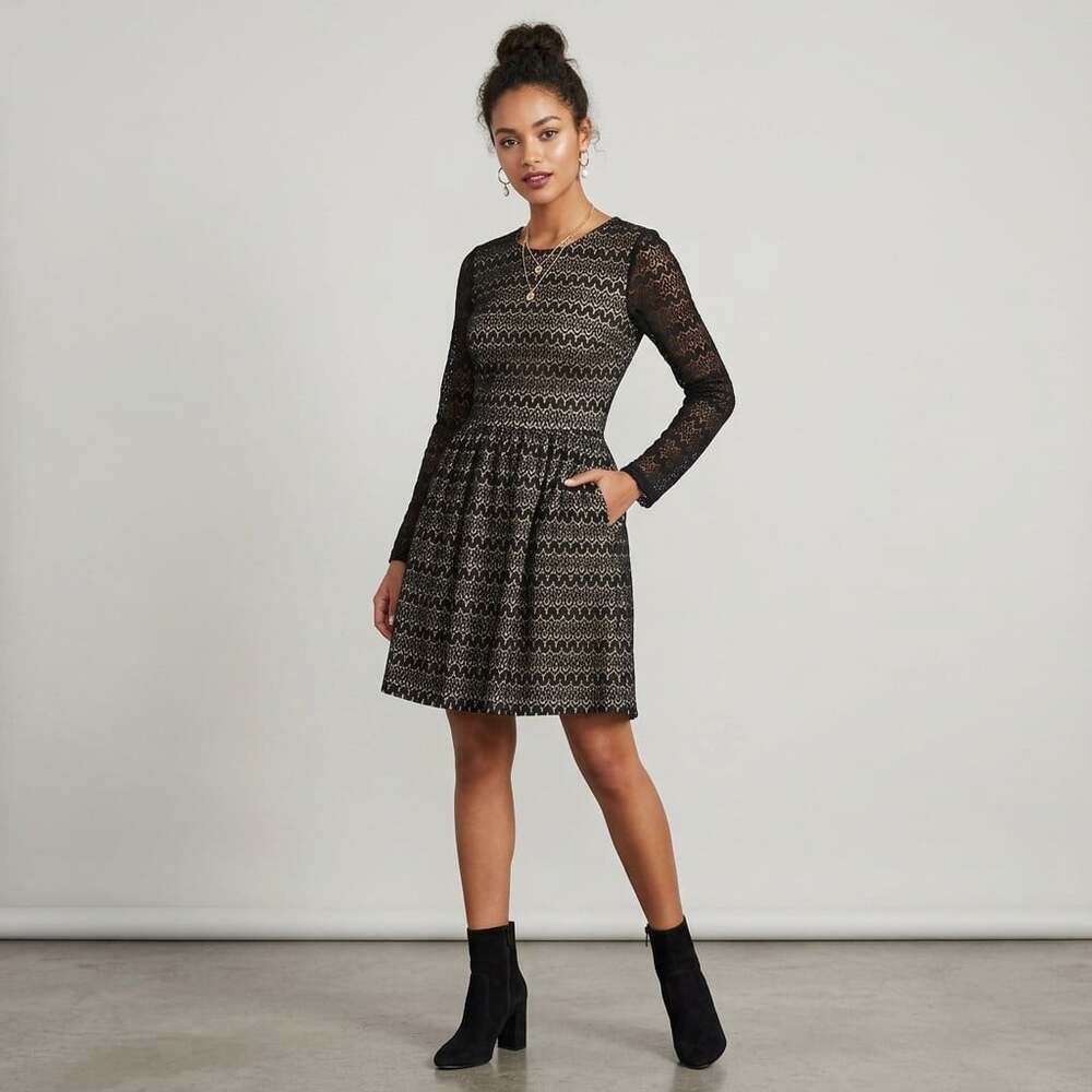 French Connection Holiday Party Lace Dress Size 4 Long Sleeve Black Nude